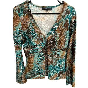 Lauren Max Womens Long Sleeve V-Neck Blouse Animal Feather Print Sz Large